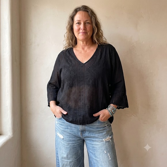 Johnny Was Tops - Johnny Was Womens Top XXL Black Eyelet Embroidered V-Neck Boho Peasant Blouse